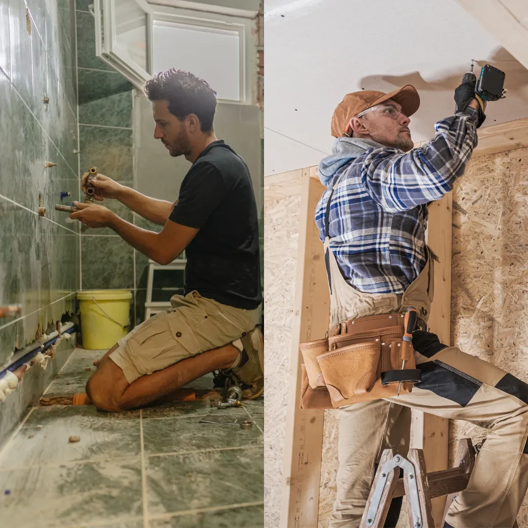 Side-by-side comparison of a DIY renovator and a professional contractor working on home improvement projects.