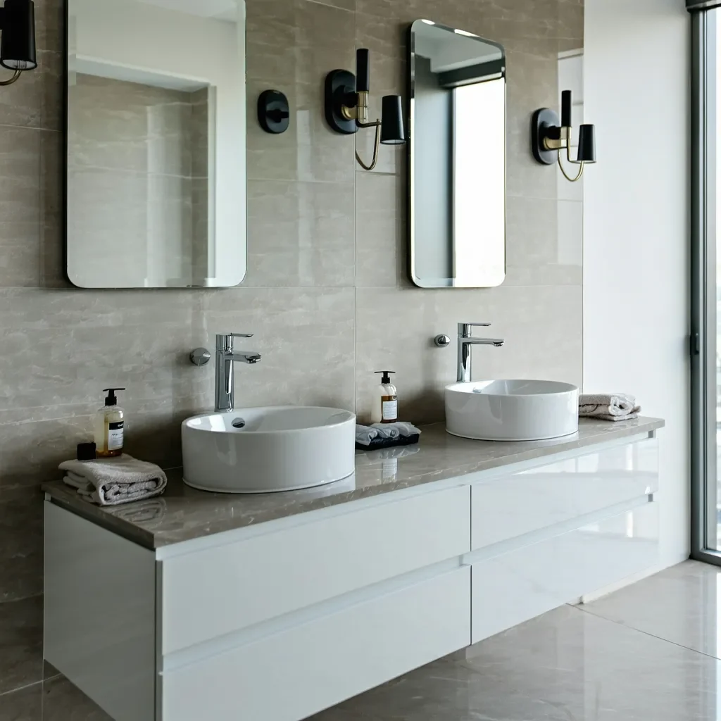 Modern bathroom with a double sink vanity, white vessel sinks, and gray tile.