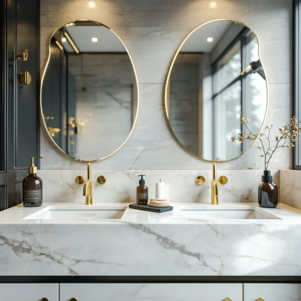 Contemporary bathroom design with double vanity featuring asymmetrical gold-framed mirrors, marble countertop, and gold fixtures.