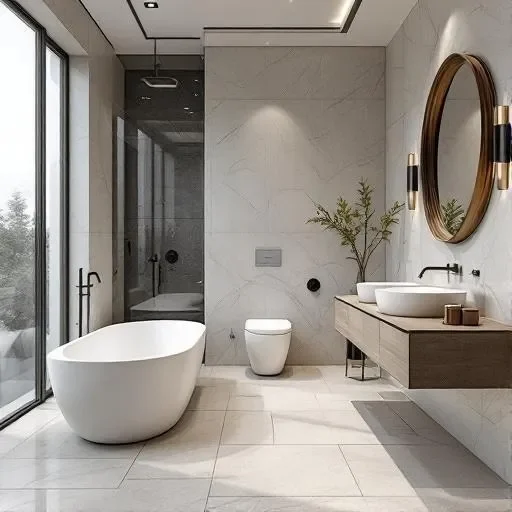 phisticated minimalist bathroom design with natural light and stone textures.