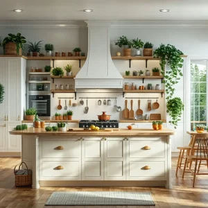 Open-concept family kitchen with child-safe island, low storage, and seating