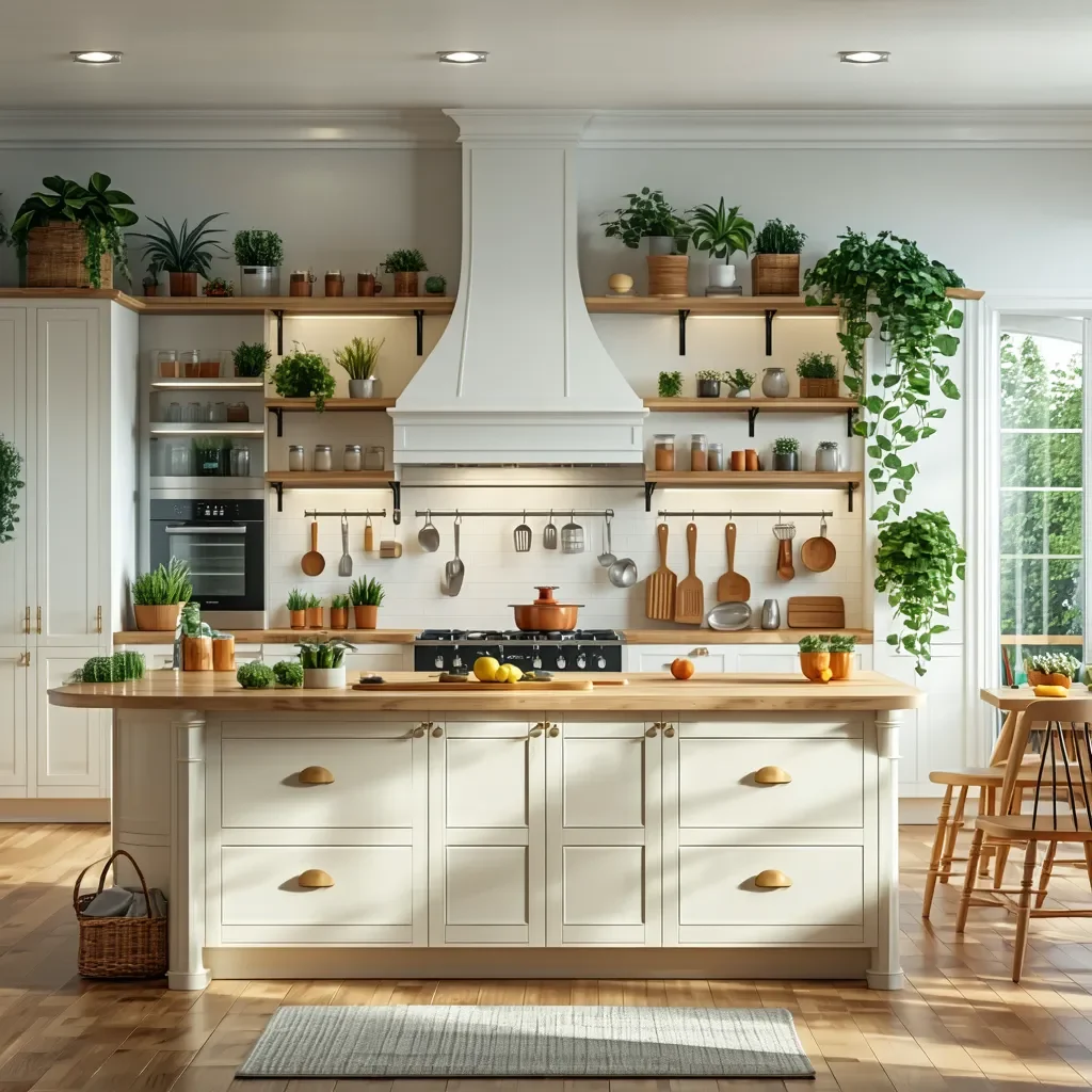 Open-concept family kitchen with child-safe island, low storage, and seating