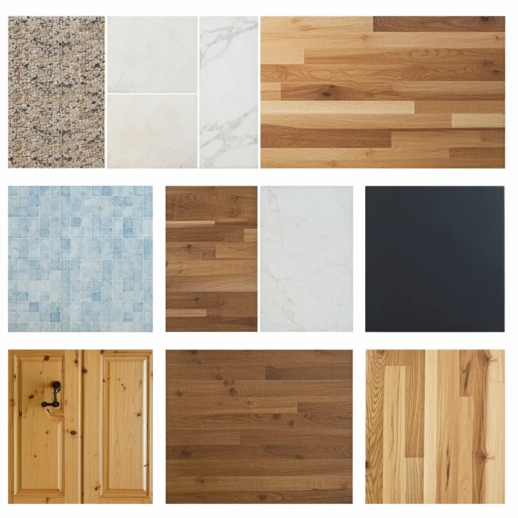A variety of flooring materials, including wood, tile, and stone.