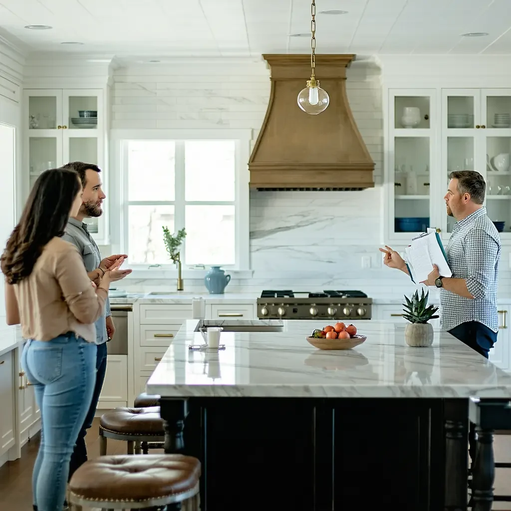 Homeowners meeting with an interior designer in a kitchen.