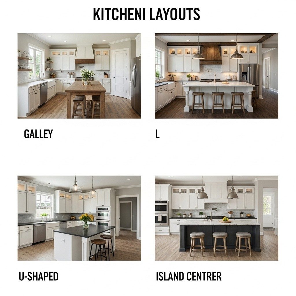 Modern kitchen layouts showcasing different design configurations including galley, L-shaped, and U-shaped kitchen layouts with functional workspace and storage solutions