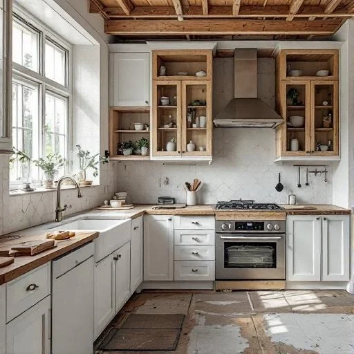 Rustic kitchen renovation in progress with exposed ceiling and distressed floors.