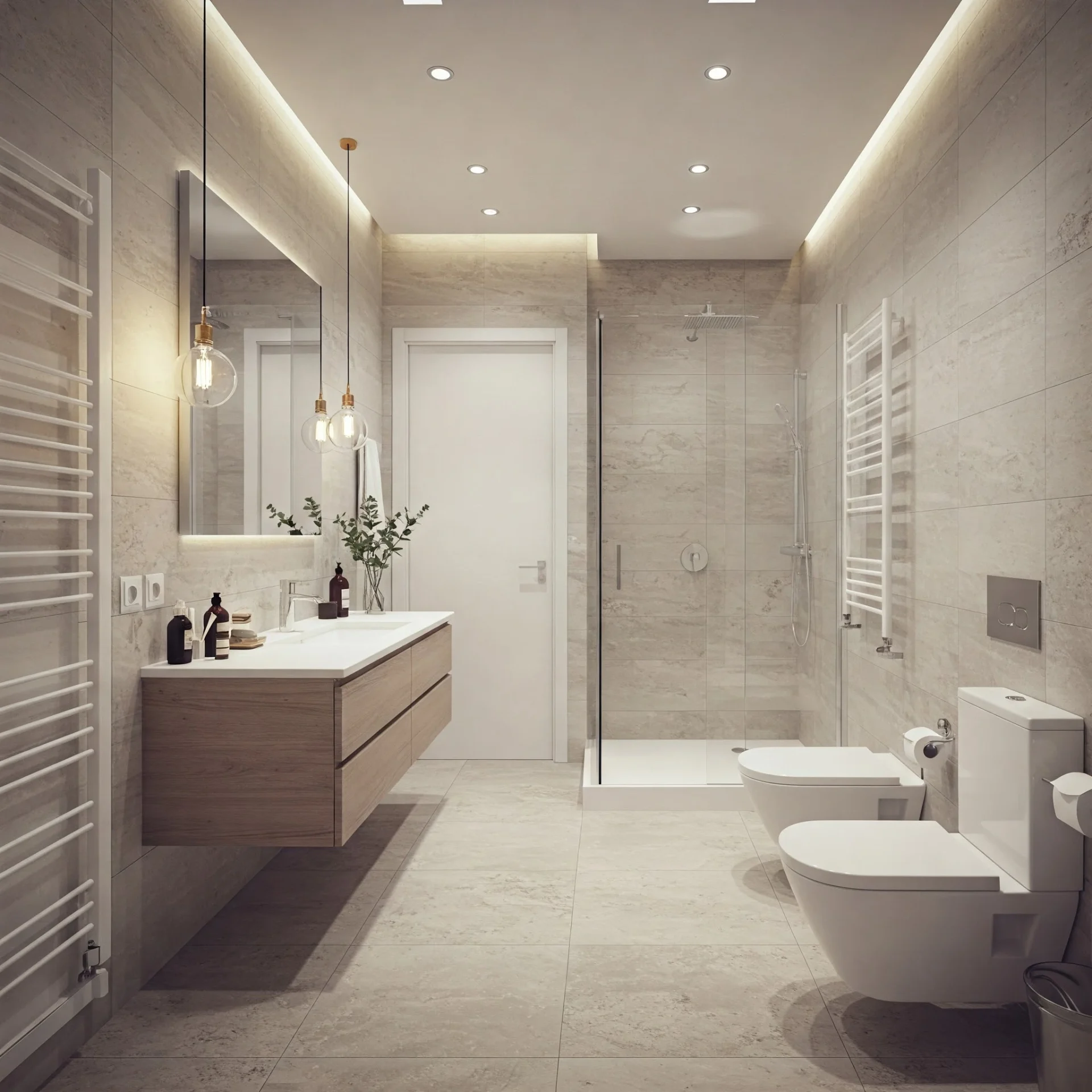 Modern bathroom design rendering showcasing planned layout for a bathroom remodel