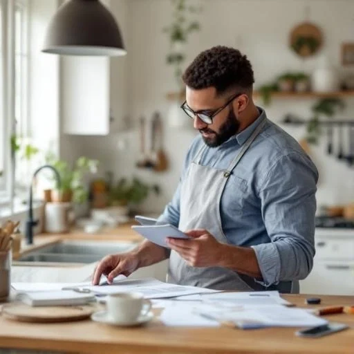 Person planning kitchen remodel budget with tablet and documents.