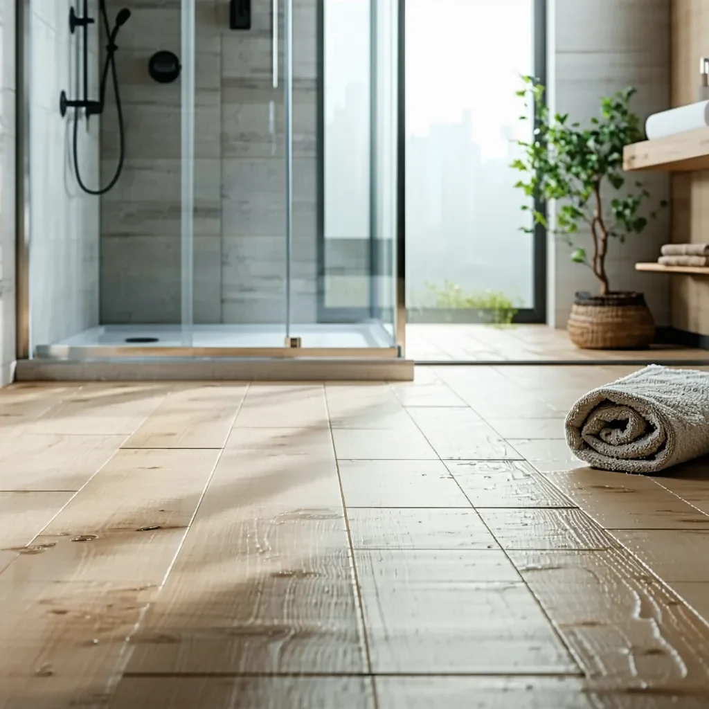 Modern bathroom featuring slip-resistant wood-look tile flooring, glass-enclosed shower, and natural accents.