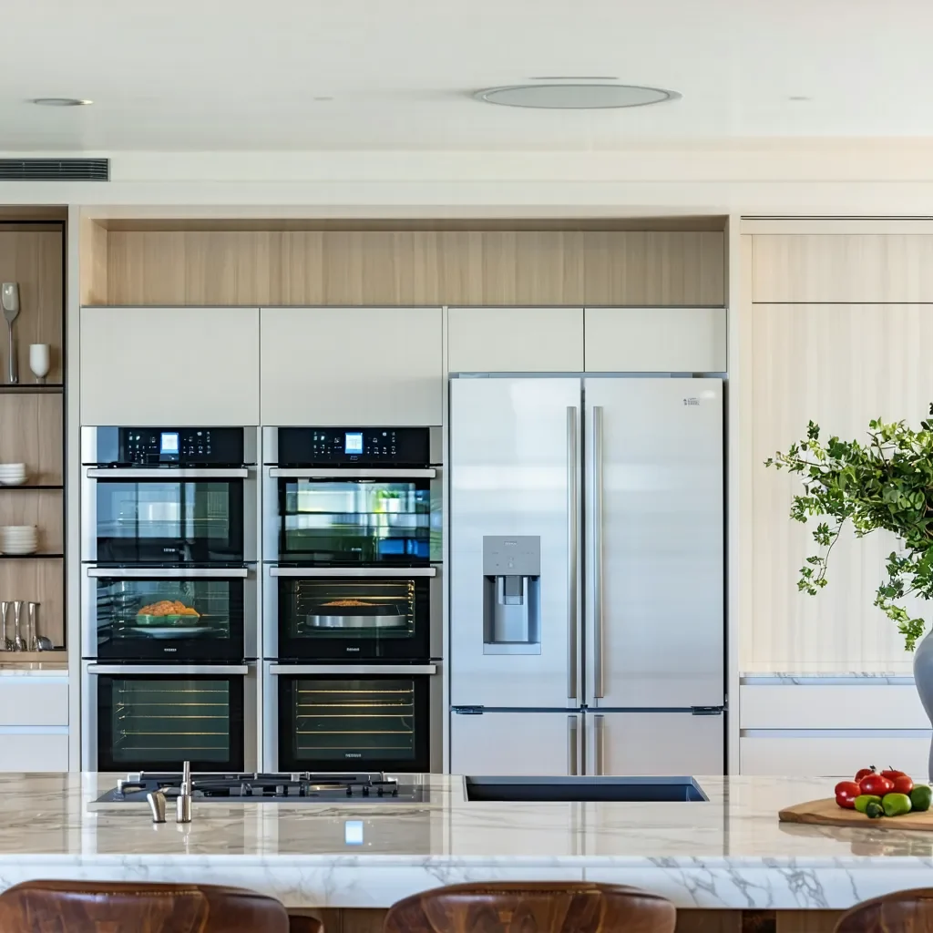Modern kitchen featuring a suite of smart appliances including built-in ovens and a stainless steel refrigerator.