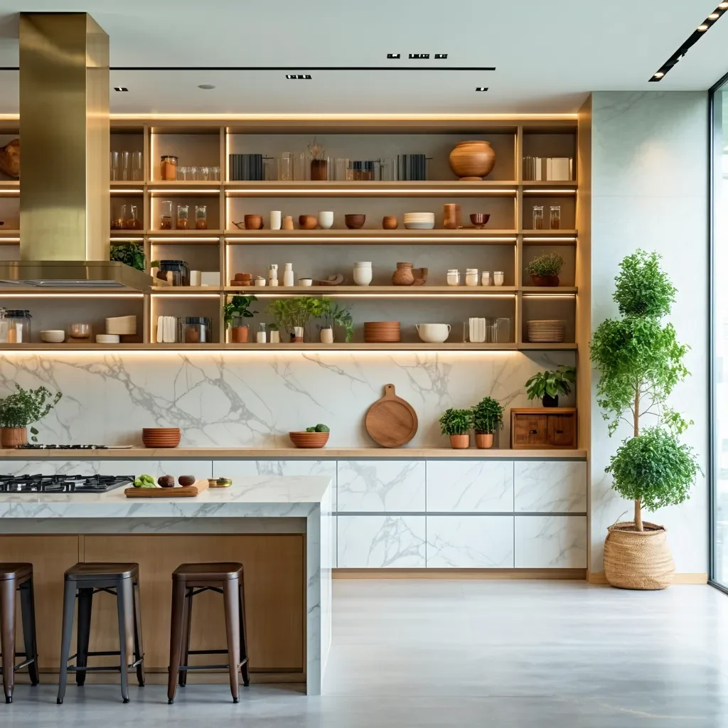 Kitchen with open shelving and marble countertops.
