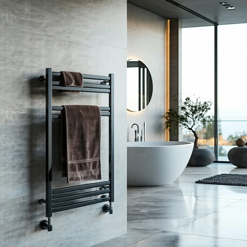Sleek black towel warmer in a modern bathroom featuring a freestanding tub and minimalist design.