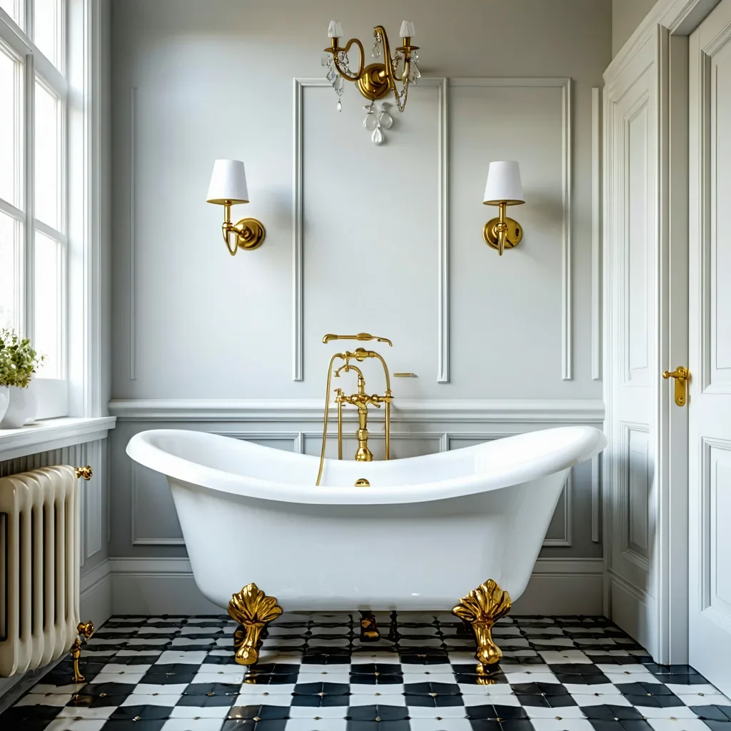 Vintage-inspired bathroom with chandelier and luxurious gold details