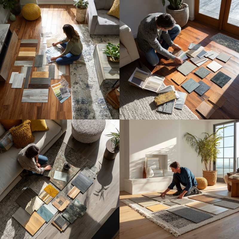 Flooring samples. Person comparing flooring samples on living room floor under natural light