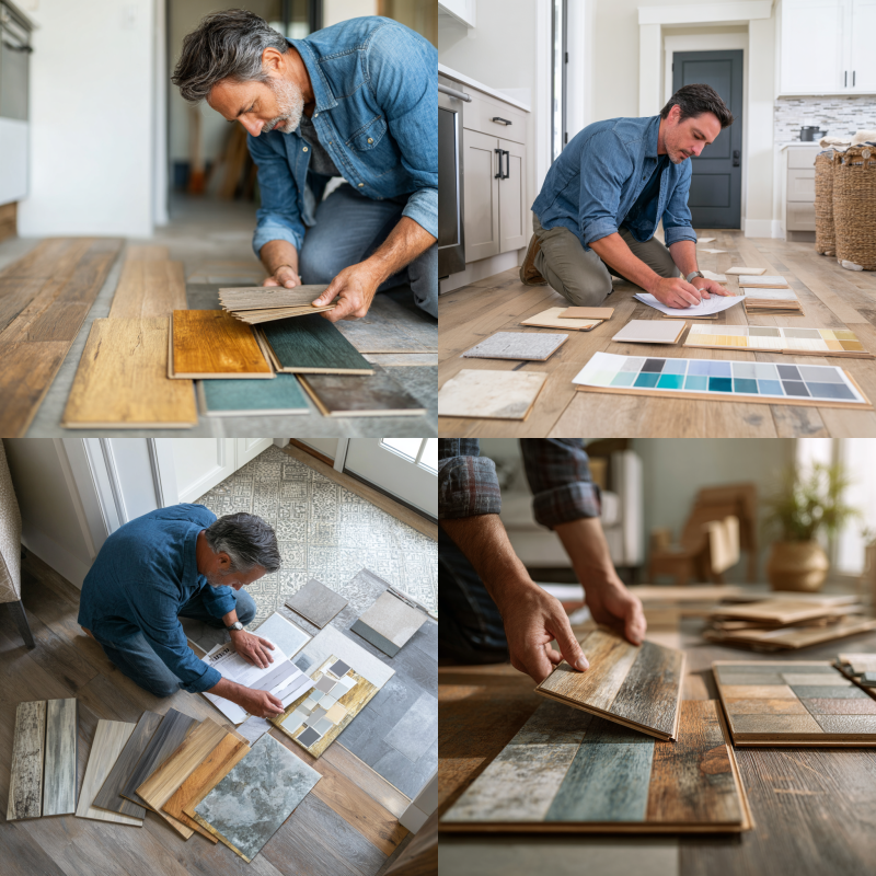 Are flooring samples free .Homeowner checking if flooring samples are free while comparing wood, tile, and vinyl options
