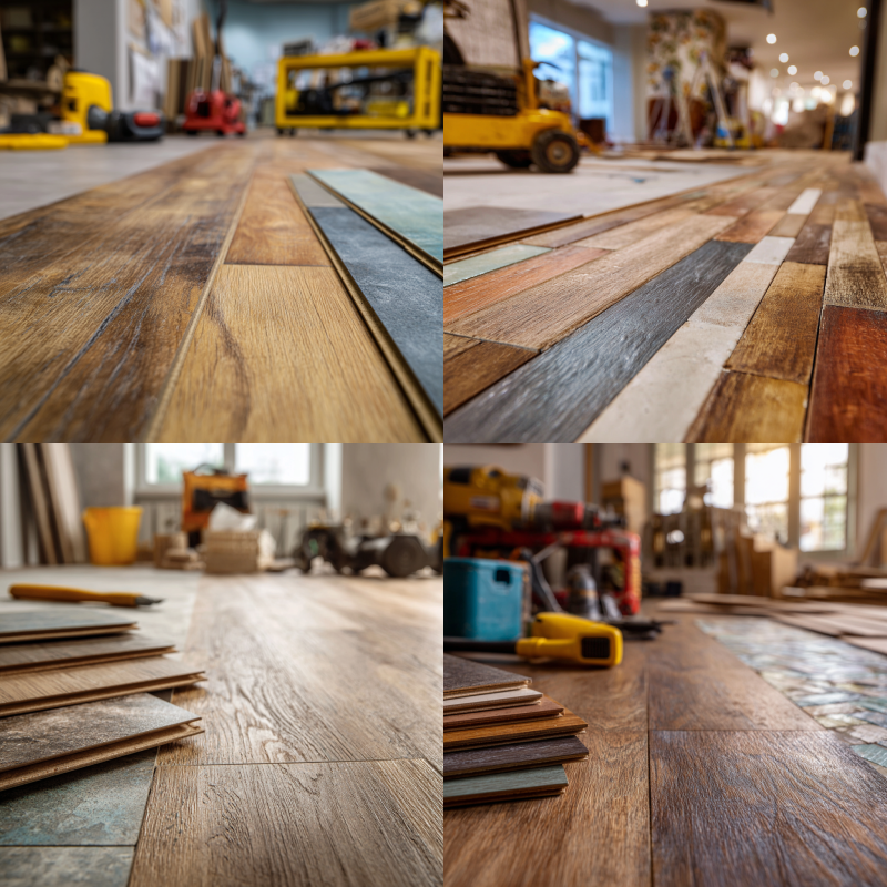 how much new flooring cost. Flooring installation cost breakdown, featuring various flooring materials like hardwood, tile, and vinyl, being installed in a home.