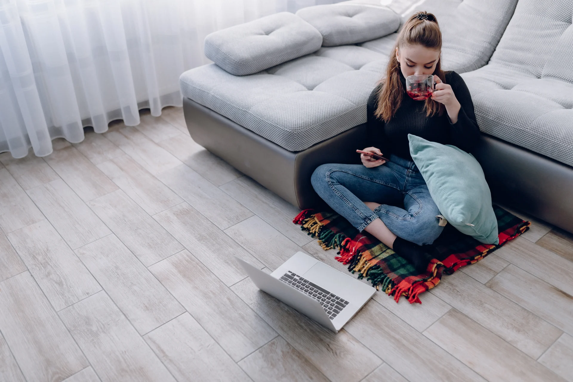 Flooring Post-Installation Preparation. New hardwood floor with a dehumidifier to maintain proper humidity after installation