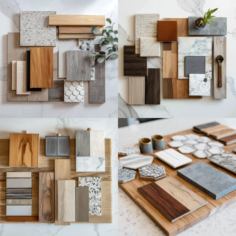 How can I get free flooring samples. Different types of free flooring samples spread out on a kitchen design board