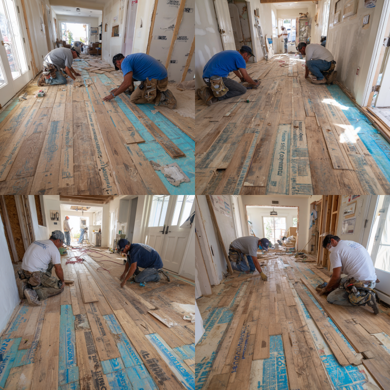 Hardwood flooring installation process in a home remodel