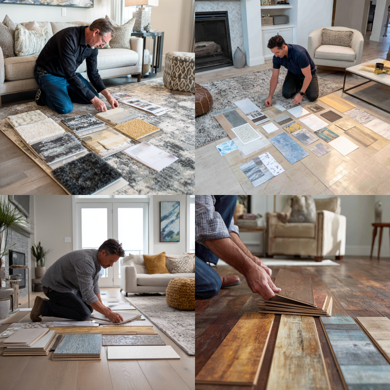 Where can I get flooring samples. Person arranging flooring samples on the floor near natural light