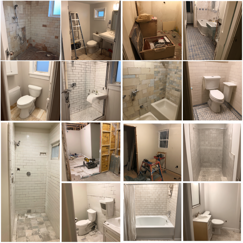 How long does a bathroom remodel take? Bathroom remodel in progress with exposed plumbing, tools, and partially installed tiles