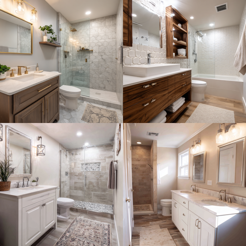 Modern bathroom with updated shower, vanity, and lighting after a full remodel