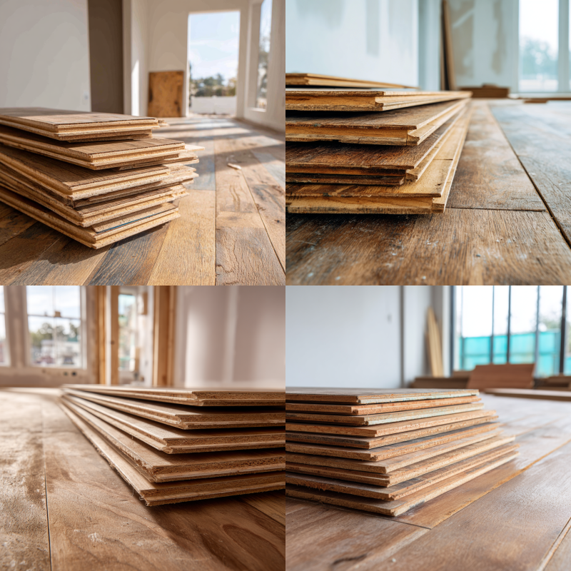 Flooring Pre-Installation Preparation. Engineered hardwood planks acclimating in a clean, prepped room before installation