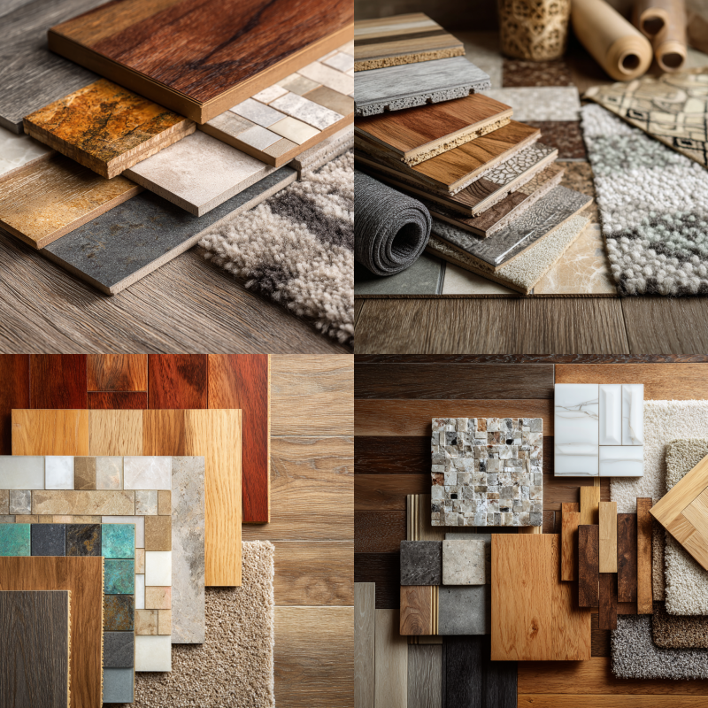 Types of Flooring Installation Materials. Various types of flooring installation materials including hardwood, tile, vinyl, laminate, and carpet displayed for comparison