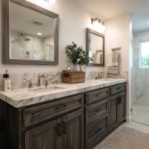 Small bathroom remodel in Martinez featuring floating vanity, light colors, and glass shower