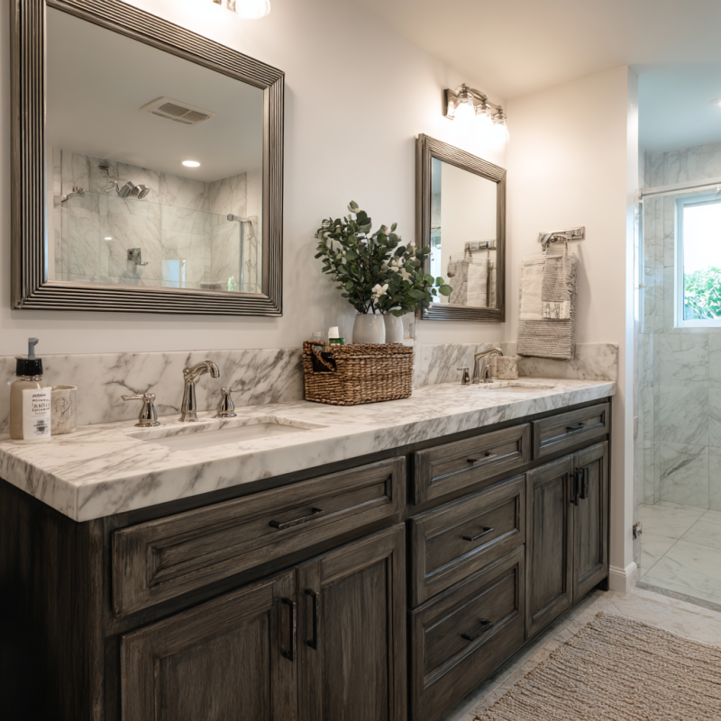 Small bathroom remodel in Martinez featuring floating vanity, light colors, and glass shower