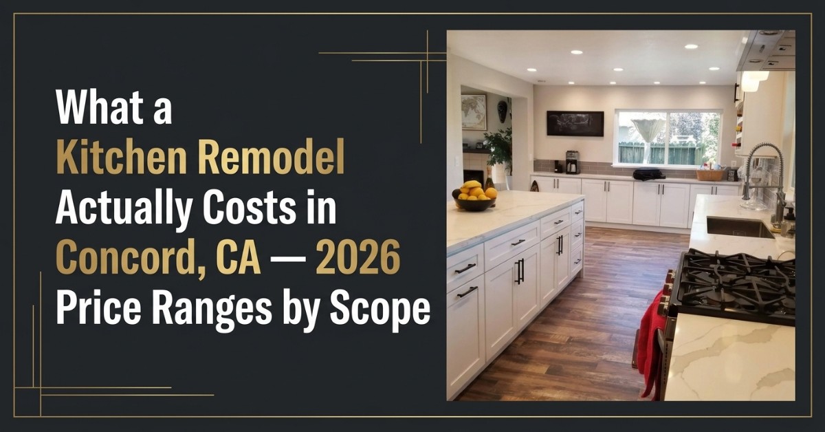 Completed kitchen remodel in Concord, CA showing island and quartz countertops