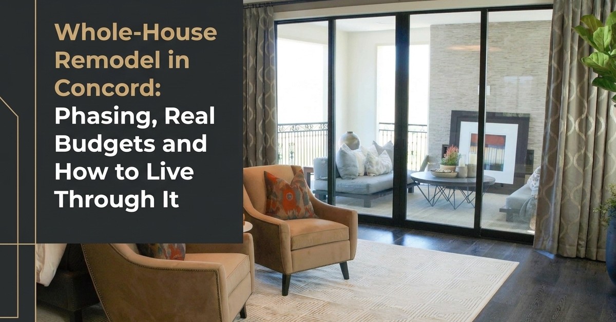 Completed whole-house remodel in Concord, CA showing open living and kitchen spaces