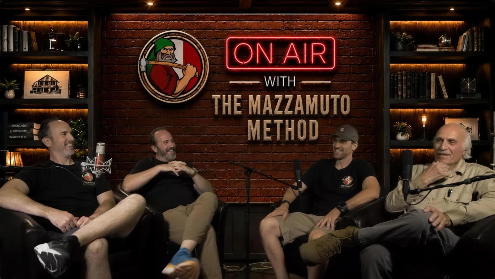 Gino, Mario and James Mazzamuto with a guest in the On Air studio of The Mazzamuto Method podcast