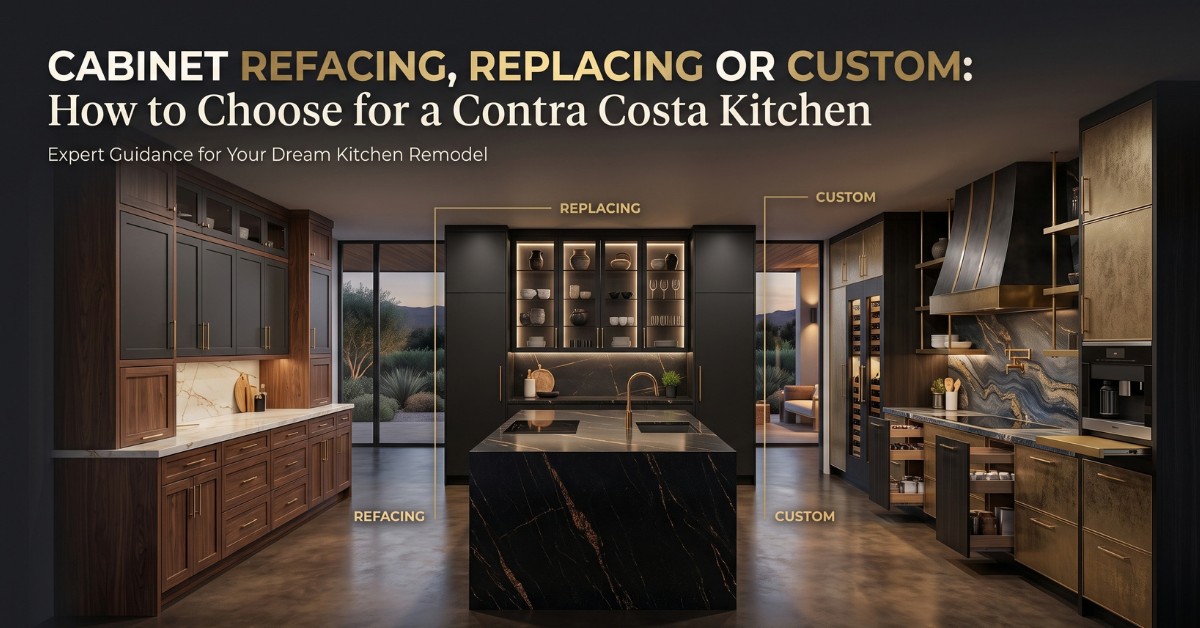 Cabinet box with the door removed beside a new door front, comparing refacing and replacing in a Concord, CA kitchen